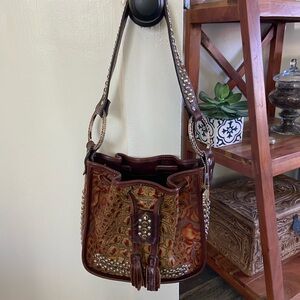 Vtg Raviani Leather Bucket Bag Western Cinch Crystals Studs Tassels Croc Floral